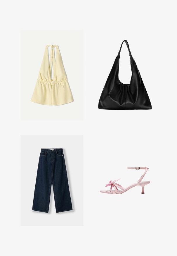 Gelbes Trägershirt mit elastischem Bund, ausgestattet mit einem tiefen V-Ausschnitt und einem Bindeband am Hals. Weicher Baumwollstoff.; Dunkelblaue, weit geschnittene Jeans aus Denim. Verfügt über fünf Taschen, einen Knopf- und Reißverschluss sowie Kontrastnähte.; Rosa Lackleder-Absatzsandalen mit einer floralem Akzent an der Zehe, ausgestattet mit einem verstellbaren Knöchelriemen und einem schmalen, kurzen Absatz.; Schwarze Leder-Hobo-Tasche mit einer weichen, geschwungenen Form. Sie verfügt über einen breiten Oberhandgriff und Falten an der Basis für eine lässige Textur.; Halskette aus roségold mit einem Schwanenanhänger, verziert mit klaren Kristallen. Die Kette hat ein zartes Glieddesign.