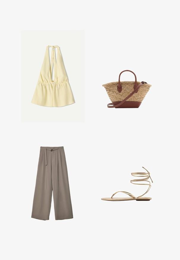 Top giallo a fascia con vita elasticizzata, caratterizzato da una profonda scollatura a V e lacci al collo. Tessuto in cotone morbido.; Pantaloni a gamba larga in un morbido tessuto grigio tenue, con vita con cintura e pieghe per un tocco di design aggiuntivo. Texture liscia, senza motivi.; Sandalo piatto dorato con sottili cinturini alla caviglia a spirale, design open toe e suola minimalista. Presenta una finitura metallica liscia.; Borsa a tracolla in paglia intrecciata con dettagli in pelle marrone, due manici e una tracolla removibile. Forma curva con una base solida.