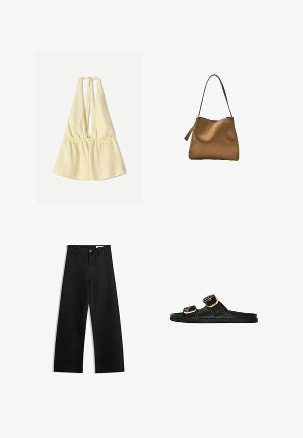 Top giallo a fascia con vita elasticizzata, caratterizzato da una profonda scollatura a V e lacci al collo. Tessuto in cotone morbido.; Pantaloni in denim neri a gamba larga con vita alta, dotati di tasche anteriori e posteriori, cuciture a punto, e chiusura con bottone. Texture liscia.; Infradito neri con due accenti di fibbia dorata, materiale dalla texture liscia, suola piatta e design minimalista.; Borsa a tracolla in suede marrone con una texture liscia, cima curva e un lungo manico piatto. Presenta una cerniera su un lato.