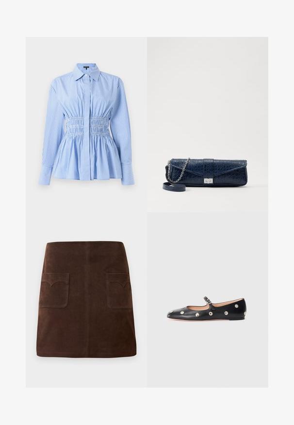 Camicia blu e bianca a righe con vita aderente, orlo peplum, maniche lunghe, chiusura a bottoni e colletto classico. Realizzata in tessuto.; Gonna in suede marrone con una classica forma a campana, due tasche frontali con alette arrotondate e dettagli di cucitura sottili.; Scarpa flat nera in pelle tipo Mary Jane con punta arrotondata, caratterizzata da borchie circolari argentate e una fascia regolabile con fibbia.; Clutch in pelle blu navy con texture a coccodrillo, tracolla in catena argentata e chiusura metallica. Forma rettangolare con design pieghevole.
