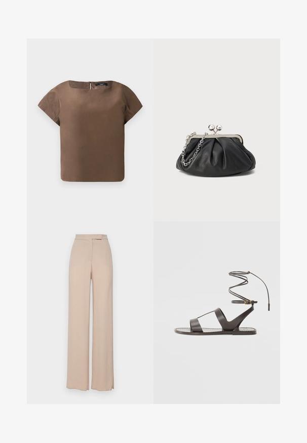 Brown short-sleeve top with a rounded neckline and back zipper. Made of smooth fabric, featuring a clean, boxy silhouette and no patterns.; Beige wide-leg trousers made from a lightweight fabric. Features a smooth texture, front pockets, and a subtle waistband design.; Brown leather sandal with a flat sole, featuring a minimalist design, curved ankle strap, and multiple cutouts for breathability.; Black leather clutch with gathered texture, silver-tone metal frame, kiss-lock closure, and chain strap. Smooth, soft surface.