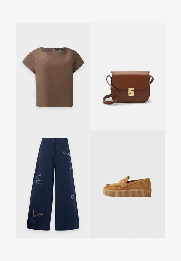 Top corto marrone a maniche corte con scollatura rotonda e zip sul retro. Realizzato in tessuto morbido, presenta una silhouette pulita e quadrata senza motivi.; Pantaloni a gamba larga blu navy in cotone con molteplici tasche. Presentano testi e grafica ricamati colorati, inclusi cuori e frasi giocose.; Mocassino in suede marrone con punta rotonda, dotato di suola a piattaforma rigata e una fascia decorativa sulla parte superiore.; Borsa a tracolla in pelle marrone con chiusura a pattina, hardware color oro, tracolla e una finitura liscia. Forma rettangolare compatta.