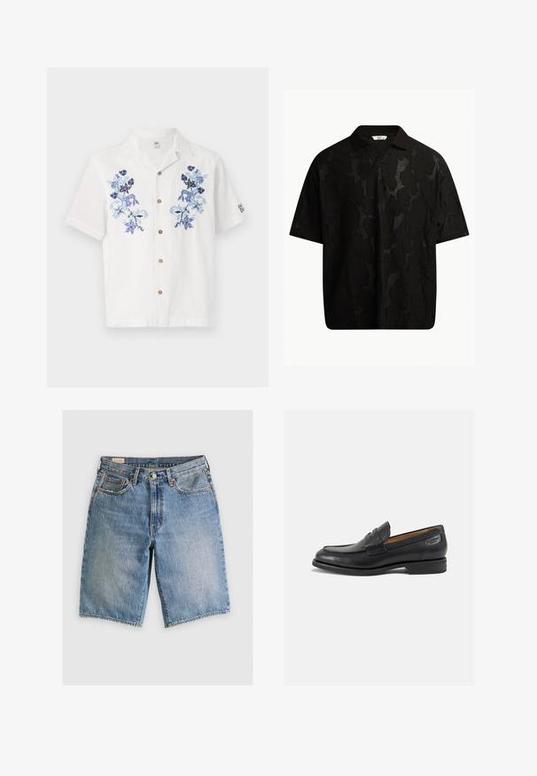 Camisa blanca de manga corta con bordado floral azul, botones marrones en el frente y un diseño de collar relajado.; Polo negro de manga corta con un patrón abstracto texturizado. El cuello es plano y ligeramente abierto, realzando el diseño relajado.; Pantalones cortos de mezclilla en azul claro con un corte clásico. Cuenta con cinco bolsillos, acentos de costura naranja y dobladillos sin acabar.; Mocasines de cuero negro con un acabado suave, punta redondeada y costuras decorativas en la parte superior. Tacón bajo apilado y un ligero brillo.