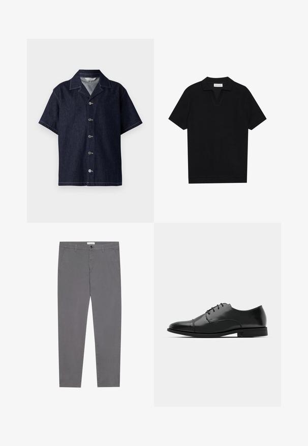 Camisa de mezclilla de manga corta en azul oscuro, con cuello de muesca, cierre de botones en la parte delantera y costuras en blanco que contrastan. Textura suave.; Polo de manga corta negro con tejido texturizado y acanalado, con escote en forma de V y dobladillo recto. Sin logos ni patrones visibles.; Pantalones de algodón gris de corte slim, que cuentan con dos bolsillos frontales, un bolsillo trasero y un cierre de botón en la cintura.; Zapato de vestir de cuero negro con punta redondeada, diseño con cordones, detalles de costura sutiles y un tacón bajo. Textura suave con acabado pulido.