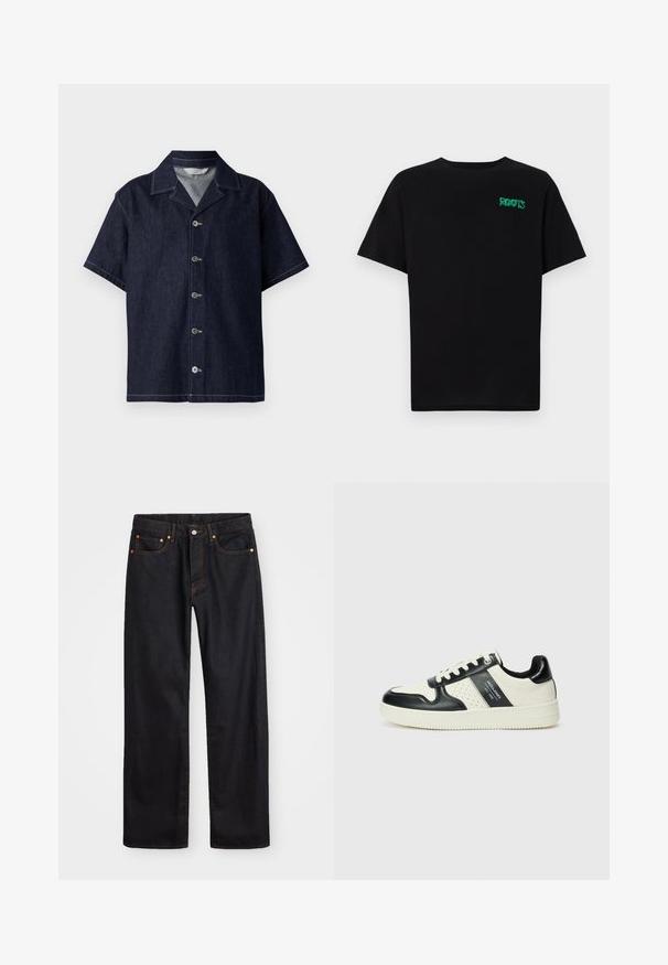 Tumši zila īsām piedurknēm džinsu krekls ar izgrieztu apkakli, pogu aizdari un kontrastējošiem baltiem diegiem. Gluda tekstūra.; Melna kokvilnas t-kreka ar īsām piedurknēm. Uz priekšu ir zaļa "ROOTS" logo, apaļa kakla izgriezums un standarta piegriezums.; Vīriešu taisno kāju melnie džinsi ar piecām kabatām un oranžu izšuvumu, ar pogu un zipa aizdari priekšējā jostas daļā.; Ādas sporta apavi ar melnbaltu krāsu shēmu, ar perforētiem akcentiem, mīkstinātu apkakli un teksturētu zoli.