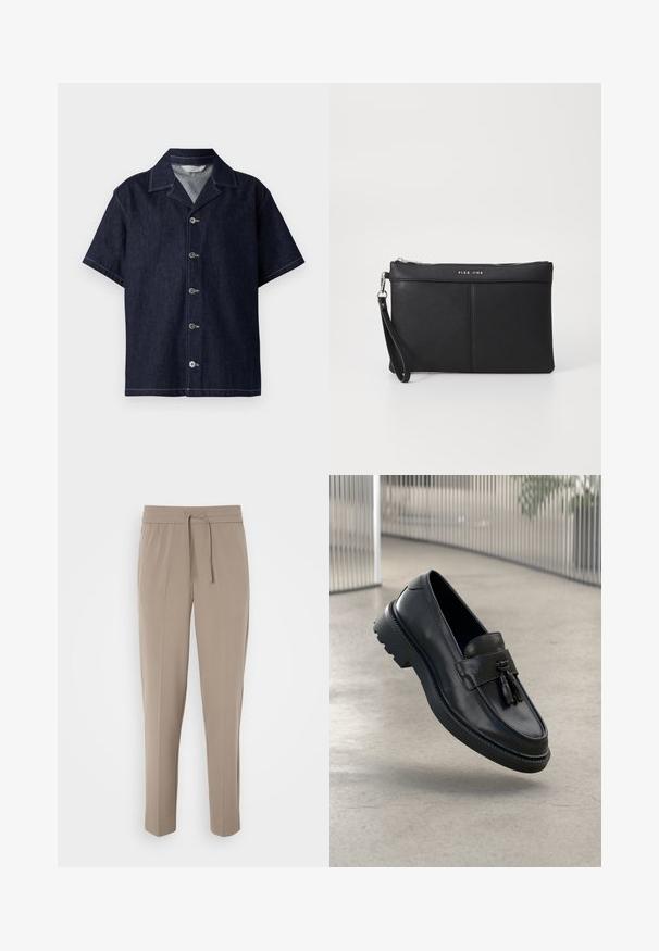 Camicia in denim a maniche corte di colore blu scuro, con colletto a punta, chiusura con bottoni e cuciture bianche a contrasto. Texture morbida.; Pantaloni beige chiaro con cintura elastica, cordoncino regolabile e gamba affusolata. Il tessuto appare liscio con una lieve lucentezza.; Mocassini in pelle nera con finitura liscia, nappe decorative, suola spessa in gomma e dettagli cuciti. Design leggero ed elegante.; Clutch sintetico nero con chiusura a zip, cinturino da polso e una texture liscia. Presenta cuciture sottili e un logo impresso sul davanti.