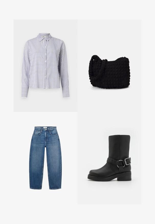 Striped button-up shirt with a collar, featuring narrow blue and white vertical stripes, long sleeves with cuff detailing, and a cropped design.; High-waisted blue denim jeans with a straight leg design, featuring five pockets, belt loops, and subtle fading for added texture.; Black leather ankle boot with a rounded toe, a thick heel, and a decorative buckle strap around the ankle. Textured finish.; Black fabric bag with a textured, quilted pattern. Rounded shape, short, thick handles, and a soft, flexible structure.