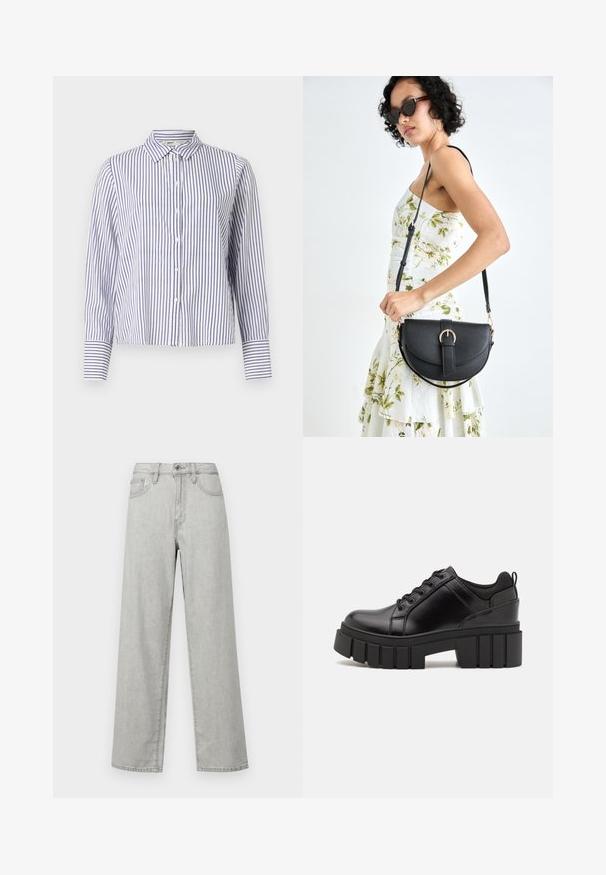 Striped button-up shirt with a collar, featuring narrow blue and white vertical stripes, long sleeves with cuff detailing, and a cropped design.; Light gray wide-leg jeans made of denim, featuring a high waist, front pockets, and a standard closure with a button and zipper.; Black leather platform shoes with a chunky block heel, round toe, and traditional lace-up design. Features smooth texture and minimal detailing.; Black leather handbag with a curved shape, detachable strap, and gold hardware. The bag features a flap with a buckle detail.