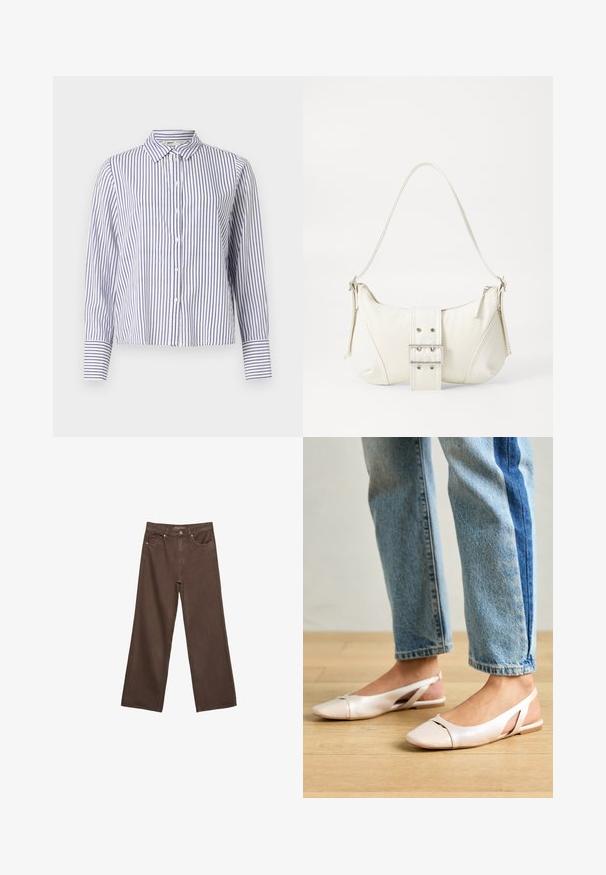 Raidallinen kauluspaita, jossa on kapea sininen ja valkoinen pystyraitakuosi. Pitkät hihat, joissa on napit sekä lyhennetty malli.; Leviittävät ruskeat farkut, jotka on valmistettu denimistä, korkea vyötärö, etutaskut ja klassinen nappikiinnitys. Silkkinen pinta hienovaraisella ompelutyöllä.; Vaaleanpunaiset slingback-ballerinat, joissa on terävä kärki, valmistettu sileästä nahkamaisesta materiaalista. Sivujen leikkuuyksityiskohdat ja tasapohja.; Valkoinen olkalaukku, jossa on teksturoitu pinta, keskeinen solkiyksityiskohta ja kaareva muoto. Vetoketjusulkimet kummallakin puolella.