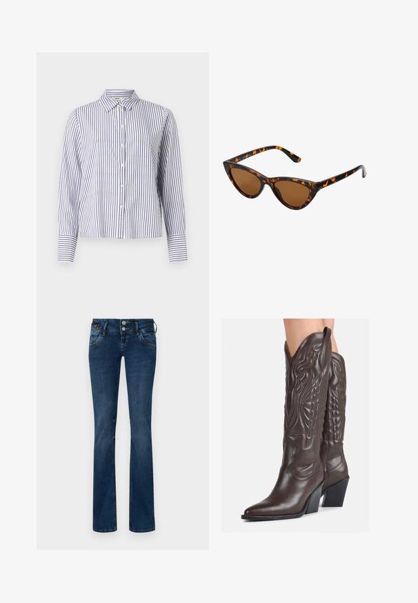 Svītrainā pogātā krekla ar apkakli, kas piedāvā šauras zilas un baltas vertikālas svītras, garas piedurknes ar pogu detaļām un saīsinātu dizainu.; Tumši zili džinsi ar nedaudz izbalējušu apdari, kas piedāvā klasisku piecu kabatu dizainu un divu pogu priekšējo aizdari.; Brūni ādas kovboju zābaki ar norādītu purngalu un blokveida papēdi, ar detalizētu šūšanu un paceltiem akcentiem uz kājas daļas.; Kaķa acs saulesbrilles ar melnu un oranžu bruņurupuču rakstu rāmi, brūnām lēcām un elegantiem, norādītiem galiem. Rāmī ir minimālists logos uz tempļa.; Maza krēmkrāsas rokas soma ar teksturētu apdari, garu regulējamu siksniņu, ķēdes akcentu un vāciņa aizdari. Zelta aparatūras detaļas.