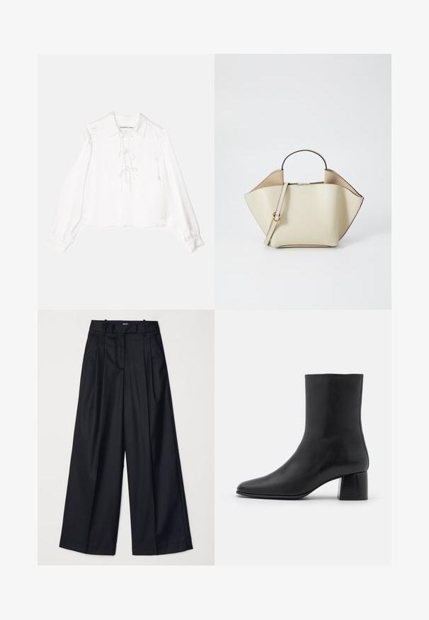 Blusa bianca a maniche lunghe con colletto, caratterizzata da un dettaglio centrale con lacci, realizzata in tessuto liscio. I polsini sono elasticizzati.; Pantaloni neri a gamba larga realizzati in un tessuto morbido, con vita alta, pieghe e un design sartoriale. Finiture semplici in nero in vita.; Stivali ankle in pelle nera con punta affusolata e tacco quadrato grosso. Texture liscia con un design senza cuciture e cuciture minimaliste.; Ree Projects ANN - Borsa a mano - beige