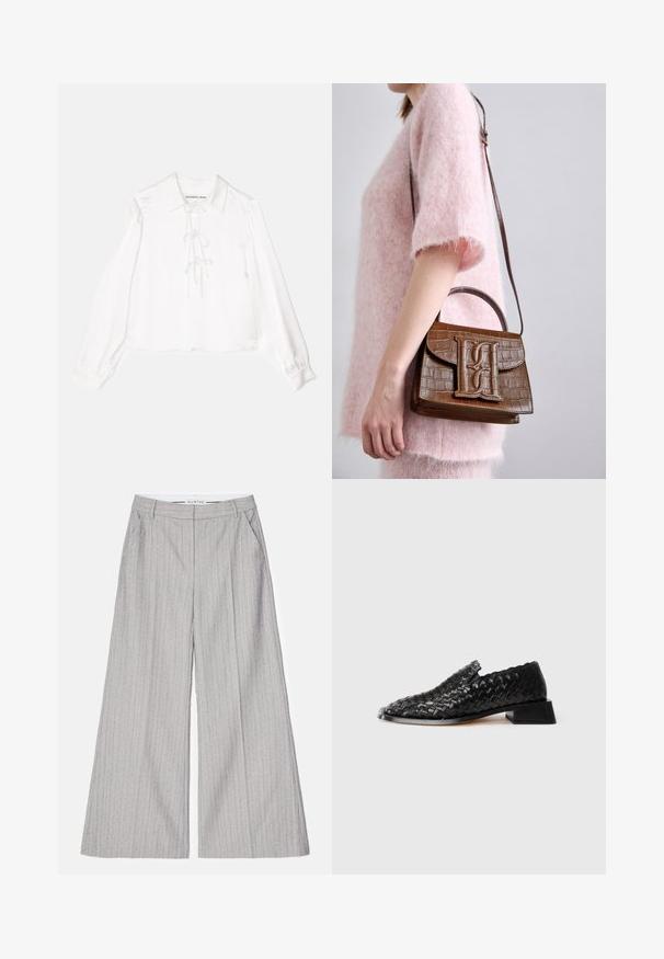 White long-sleeve blouse with a collared neckline, featuring a central lace-up detail, made from smooth fabric. Cuffs are elasticized.; Gray wide-leg trousers with vertical pinstripes, featuring a smooth texture and subtle shimmer. Includes front pockets and a waistband.; Black leather woven slip-on shoe with low block heel and scalloped edge detail, displayed on a white background.; Brown crocodile-embossed handbag with a top handle and shoulder strap. Features a prominent logo on the front flap. Soft texture.