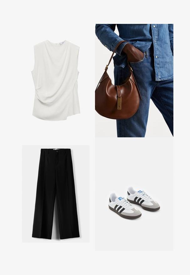 Biely top bez rukávov vyrobený z hladkej tkaniny, s drapériou v prednej časti a zakriveným lemom na zadnej strane.; Čierne široké nohavice z ľahkého materiálu, s predným zapínaním na gombík a plochým predným dielom, s pekne ušitými lemami.; Športové topánky s bielym koženým zvrškom, šedou semišovou špičkou a tromi čiernymi pruhmi. Obsahujú modré logo na jazyku a štruktúrovanú gumovú podrážku.; Hnedá kožená hobo taška s okrúhlym tvarom, so zlatými kovovými akcentmi a kontrastným prešívaním. V kombinácii s džínsovou košeľou a džínsami.