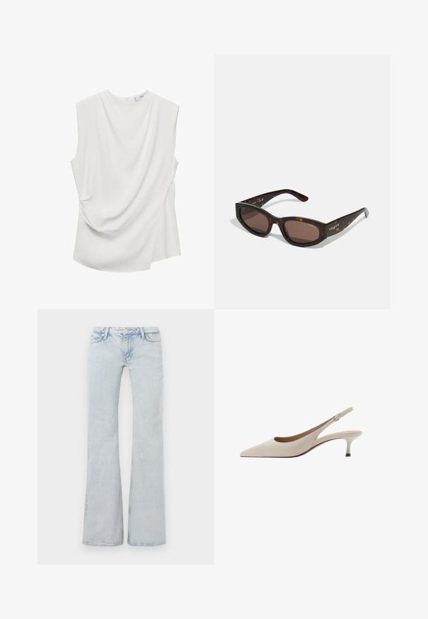 White sleeveless top made of smooth fabric, featuring draped detailing on the front and a curved hemline at the back.; Light blue flared jeans made from denim. Features a waistband with metal button, five-pocket design, and subtle fading throughout.; Beige slingback heels with a pointed toe and a low, flared heel. Made from smooth leather with a minimalistic design and adjustable strap.; Brown tortoiseshell sunglasses with a rectangular shape, dark brown lenses, and gold "vogue" branding on the temples.