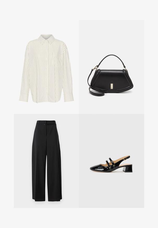 White button-up shirt with narrow black vertical stripes, collar, long sleeves, chest pocket, and straight cut with cuffed detailing.; Black wide-leg trousers with a high waist and a belt. Features a smooth texture and clean lines, designed for a relaxed fit.; Black patent leather slingback shoe with pointed toe, two strap detail, gold circular accents, and a low block heel.; Black leather handbag with a structured design, featuring a cropped shape, top handle, and gold hardware accent. Adjustable shoulder strap included.