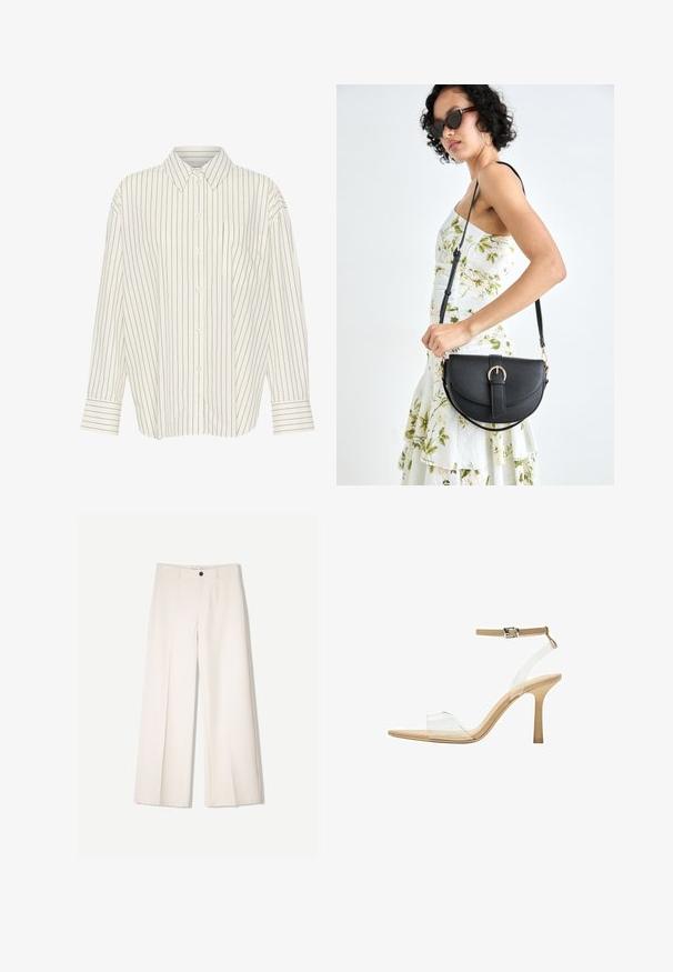 Camicia bianca con righe verticali nere sottili, colletto, maniche lunghe, taschino sul petto e taglio dritto con dettagli ai polsini.; Pantaloni larghi color crema con design sartoriale, dotati di due tasche frontali e una chiusura con bottone anteriore, realizzati in tessuto liscio.; Sandal con tacco trasparente e parte superiore trasparente, plantare beige e una sottile cinghia alla caviglia. Presenta una punta appuntita e un tacco alto e sottile.; Borsa a tracolla nera in pelle con una forma curva, manico rimovibile e accessori dorati. La borsa presenta una patta con un dettaglio a fibbia.