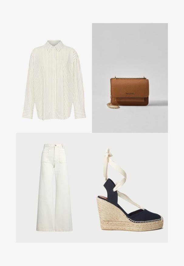 White button-up shirt with narrow black vertical stripes, collar, long sleeves, chest pocket, and straight cut with cuffed detailing.; Wide-leg jeans in off-white denim. High-waisted design with a button closure, two front pockets, and contrast stitching details.; Navy canvas wedge sandal with an espadrille rope outsole and cream ribbon ties at the ankle. Closed heel and round toe design.; Brown textured leather crossbody bag with gold chain strap and flap closure. Front features logo detail and a pocket under the flap.