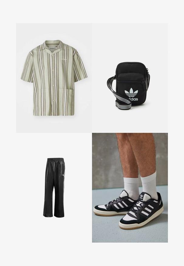 Camisa de botão de mangas curtas em verde claro com riscas verticais em verde escuro e branco. Apresenta dois bolsos frontais e um colarinho em lapela.; Calças de treino sintéticas pretas com um cós elástico, apresentando riscas laterais brancas e um pequeno logótipo branco no quadril esquerdo.; Ténis em preto e branco com upper em camurça e couro, apresentando três riscas brancas, um toe perfurado e uma sola em borracha de goma.; Sacolinha transversal de tecido preto com fecho de zíper, apresentando um logo da Adidas em branco e uma alça ajustável listrada para facilitar o transporte.