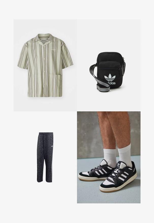 Srajca s kratkimi rokavi, gumbasta, v svetlo zeleni barvi z navpičnimi črtami v temno zeleni in beli barvi. Ima dva sprednja žepa in ovratnik.; Črne športne hlače z vzorcem leoparda, ki imajo bele tri črte in logo športne blagovne znamke na strani.; Črno-bele superge z zgornjim delom iz usnja in nubuka, ki imajo tri bele črte, perforiran vrh prstov in podplat iz gume.; Črna tkaninska torbica čez ramo z zadrgo, ki vsebuje belo Adidasovo logo in pridelano naramnico z več črtami za enostavno nošenje.