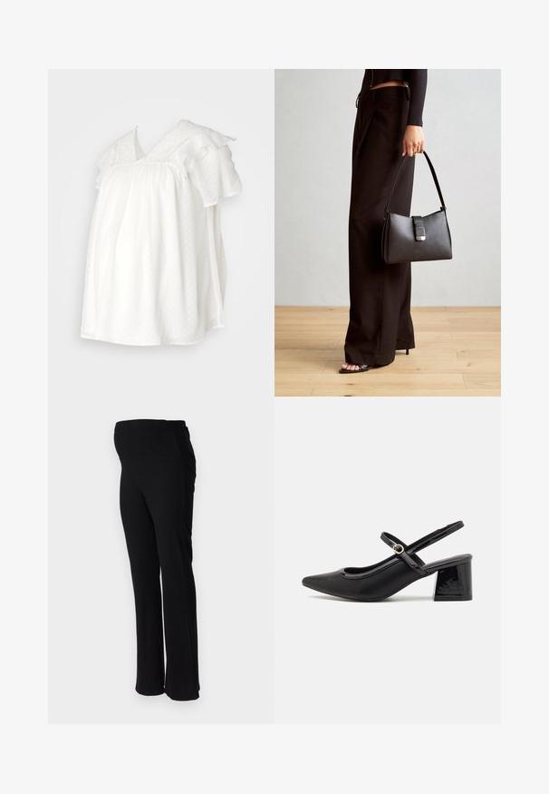 Hvit graviditetstopp med korte volangerm, v-hals, prikket mønster og teksturert blonderdetalj langs halsen.; ONLY MATERNITY OLMHALLE - Bukse - black; Sorte lakk lær slingback hæler med spiss tå, et avrundet utskjæringsdesign og blokkheel. Har en gulltone spenne som detalj.; Svart håndveske med strukturert form, jevn tekstur og metallisk lås. Kombinert med brede svarte bukser og sandaler med åpen tå på tregulv.