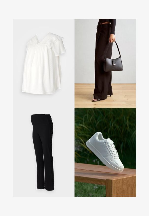 Valge rasedusbluus lühikeste volangkäistega, V-kaeluse, punktide mustri ja tekstuurse pitsi aktsendiga kaeluse ääres.; ONLY MATERNITY OLMHALLE - Püksid - black; Valged sneakerd, millel on sile sünteetiline ülemine osa, väikeste aukudega varvaskast, lamedad paelad ja tekstuuriga tald, eksponeeritud puidust pinnal.; Must musta kott, millel on struktureeritud kuju, sile tekstuur ja metallist klamber. Kombineeritud laiate mustade pükstega ja avatud varvaste sandaalidega puidust põrandal.