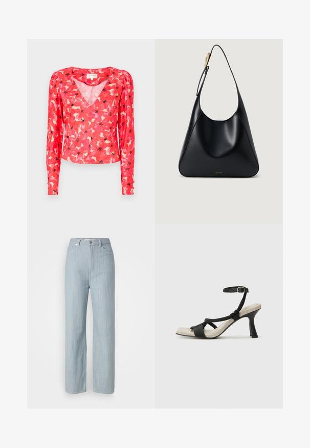 Červená květinová blůza s dlouhým rukávem a výstřihem do V, na světlém pozadí, zdobená růžovými a černými květinovými vzory. Vyrobena z lehkého, průsvitného materiálu.; Světlé modré džíny rovného střihu z denimu. Obsahují pět kapes, kovové zapínání a jemné stárnutí pro texturu.; Černé sandály na podpatku s pleteným designem pásku, čtveratou špičkou a nastavitelným páskem kolem kotníku. Světle béžová stélka s lesklým černým podpatkem.; Černá kožená kabelka přes rameno se hladkým povrchem, zakřiveným siluetou a zlatým kováním. Na spodní straně je vyražené logo značky.