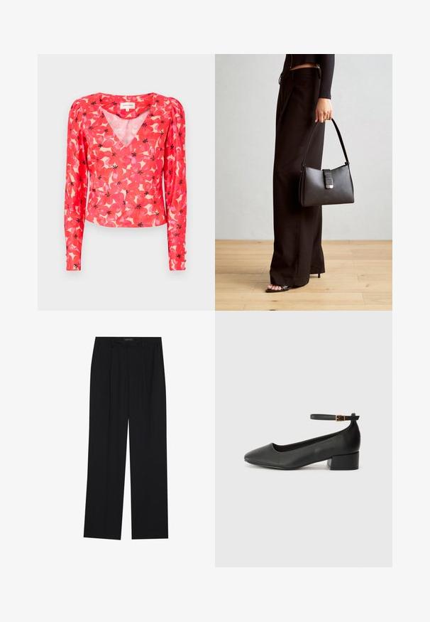 Blusa rossa a maniche lunghe con scollo a V, caratterizzata da motivi floreali rosa e neri su uno sfondo chiaro. Realizzata in tessuto leggero e trasparente.; Pantaloni neri con un design a gamba dritta, dotati di due tasche frontali e di una vita. Realizzati in un tessuto morbido e leggero.; Pump in pelle nera con punta affusolata e tacco basso a blocco. Presenta una cinghia alla caviglia con una fibbia in tonalità oro. Texture liscia.; Borsa nera con forma strutturata, texture liscia e una chiusura metallica. Abbinata a pantaloni neri larghi e sandali open-toe su un pavimento in legno.