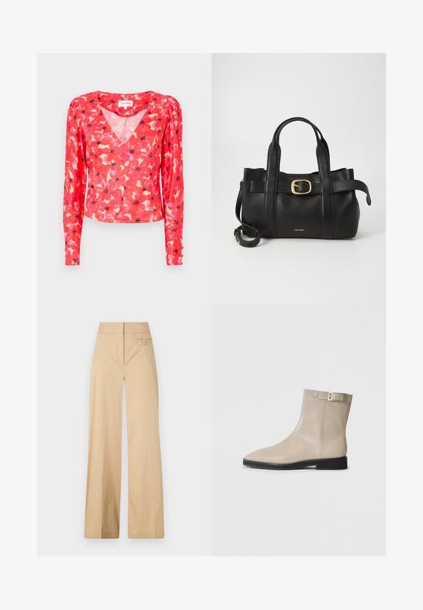 Red floral long-sleeve blouse with a V-neck, featuring pink and black flower patterns on a light background. Made of lightweight, sheer fabric.; Beige wide-leg pants made of cotton blend fabric. Features a smooth texture, elastic waistband, and a side button detail.; Beige leather ankle boot with pointed toe, black sole, low heel, and gold buckle strap on outer side, shown on white background.; Black leather handbag featuring a structured design, dual top handles, gold-tone buckle accent, and embossed brand logo at the front.