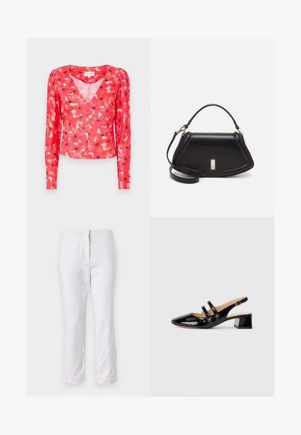Red floral long-sleeve blouse with a V-neck, featuring pink and black flower patterns on a light background. Made of lightweight, sheer fabric.; White cotton pants with a straight leg design, featuring a mid-rise waist and no visible hardware or patterns. Smooth texture throughout.; Black patent leather slingback shoe with pointed toe, two strap detail, gold circular accents, and a low block heel.; Black leather handbag with a structured design, featuring a cropped shape, top handle, and gold hardware accent. Adjustable shoulder strap included.