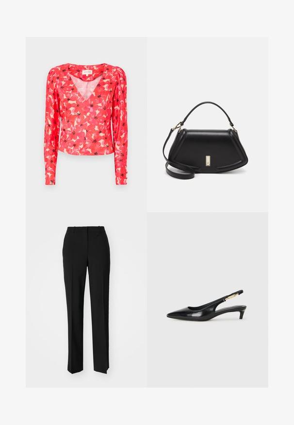 Red floral long-sleeve blouse with a V-neck, featuring pink and black flower patterns on a light background. Made of lightweight, sheer fabric.; Black tailored trousers with a straight-leg design, featuring a smooth texture and crisp creases along the front. No visible hardware.; Black leather slingback heels with a pointed toe, featuring a slim heel and a gold-tone accent on the adjustable strap. Smooth texture.; Black leather handbag with a structured design, featuring a cropped shape, top handle, and gold hardware accent. Adjustable shoulder strap included.