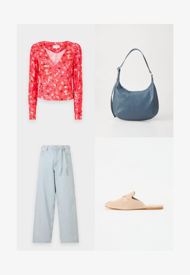 Röd blommig långärmad blus med V-hals, med rosa och svarta blommönster på en ljus bakgrund. Tillverkad av lätt, genomskinligt tyg.; Ljusblå vida jeans i denim, med hög midja, bältesöglor och ett knytbälte. Söm detaljer synliga längs benens sidor.; Beige mockasiner i mocka med stängd tå, som har en dekorativ spänndetalj och en platt korksula. Slät textur med minimalistisk design.; Blå läderhandväska med rundad form, enkel axelrem, zipförslutning och präglat varumärke framtill. Slät textur.