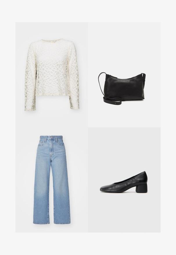 Spitzenoberteil mit langen Ärmeln in Off-White, mit kreisförmigen Mustern, rundem Halsausschnitt und cropped Design. Es zeichnet sich durch eine zarte Textur und einen subtilen Glanz aus.; Hellblaue High-Waist-Weite-Leg-Jeans mit Knopf- und Reißverschluss vorne, Vorder- und Rückentaschen, auf weißem Hintergrund.; Schwarze Lederpumps mit runder Zehenpartie und mittelhohem Blockabsatz. Glatte Textur mit minimalen Details, ausgestattet mit einem dezenten elastischen Einstieg.; Schwarze Ledertasche für die Schulter mit glatter Textur, geschwungener Form, verstellbarem Tragegurt und Reißverschluss. Minimalistisches Design ohne Verzierungen.