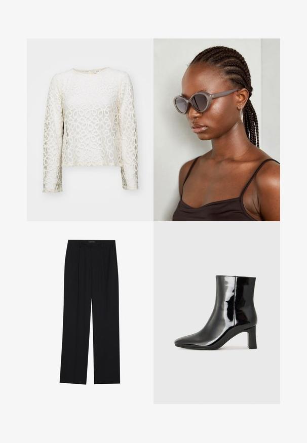 Top din dantelă cu mâneci lungi, în off-white, cu motive circulare, guler rotund și design scurt. Prezintă o textură delicată și o strălucire subtilă.; Pantaloni negri cu un design drept, dotati cu doua buzunare frontale si un talie. Fabricati dintr-un material usor si neted.; Botine negre din piele lacuită, cu vârful ascuțit și toc bloc de înălțime medie. Textură netedă și design minimalist.; Ochelari de soare supradimensionați gri, cu formă rotundă și lentile închise la culoare. Rame din plastic elegante, cu un finisaj neted. Modelul are părul împletit.