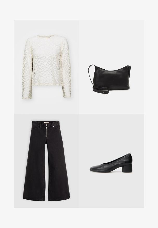 Krajková blúzka na dlhý rukáv v bielej farbe s rôznymi kruhovými vzormi, okrúhlym výstrihom a skráteným strihom. Obsahuje jemnú textúru a subtílny lesk.; Dlhé nohavice vo voľnom strihu z čierneho denimu so zipsom vpredu, päť vrecúškovým dizajnom a jemnými stehovými detailmi. Hladká textúra a neformálny štýl.; Čierne kožené lodičky s okrúhlou špičkou a stredne blokovým podpätkom. Hladká textúra s minimálnymi detailami, so subtílnym elastickým otvorom.; Čierna kožená ramenná taška s hladkou textúrou, zakriveným tvarom, nastaviteľným popruhom a zipsom. Minimalistický dizajn bez ozdôb.; Strieborný prsteň s dvojitým pásikom s hladkým, lesklým povrchom. Má plynulý, zakrivený dizajn s prekryvajúcimi sa časťami pre moderný vzhľad.