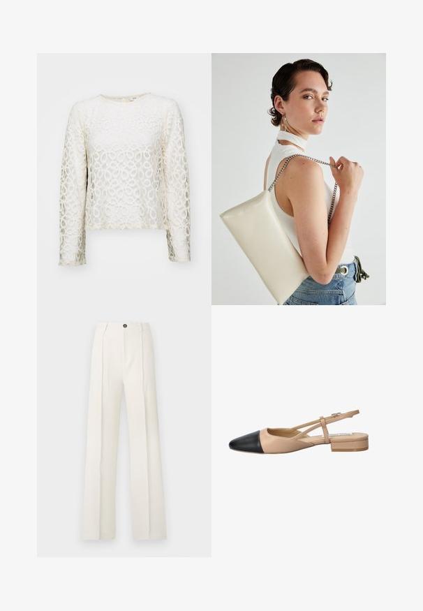 Csipkés, hosszú ujjú felső törtfehér színben, kör alakú mintákkal, kerek nyakkivágással és rövidített fazonnal. Finom textúrával és diszkrét fényességgel rendelkezik.; Fehér, széles szárú nadrág magas derékkal, két elülső redővel, egy gombos záródással és zsebekkel. Simaságával kiemelkedő szövet.; Beige és fekete, két tónusú, slingback cipő hegyes orral, lapos sarokkal és keresztbe fonott pánttal. Sima bőr textúra.; Fehér, téglalap alakú, fényes anyagból készült clutch táska, ezüst láncos pánttal. A modell pózol, bemutatva a táskát egy egyszínű háttér előtt.