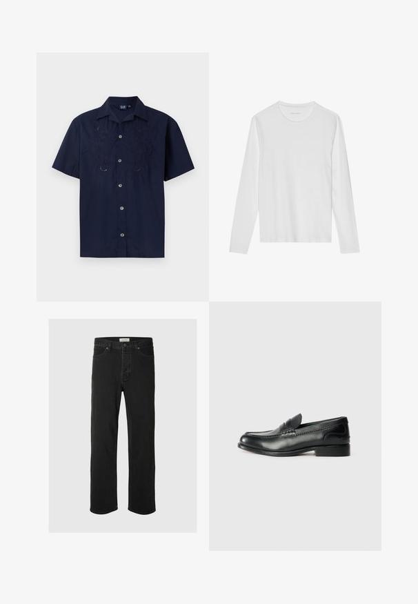 Laivastonsininen lyhythihainen paita, jossa on brodeeratut kukkakuviot, napitettava etuosa ja klassinen kaulus. Valmistettu kevyestä kankaasta.; Pitkähihaisen valkoisen T-paidan materiaali on pehmeä, ja siinä on pyöreä pääntie sekä yksinkertainen muotoilu ilman näkyviä kuvioita tai korostuksia.; Mustat farkut suoranlahkeiset, joissa on klassinen viisi taskua -design, nappisuljenta, minimaalinen ommel ja pehmeä tekstuuri.; Mustat nahka loafersit, joissa on sileä pinta, ommeltu yksityiskohta vampin yli ja hieman kohotettu korko.