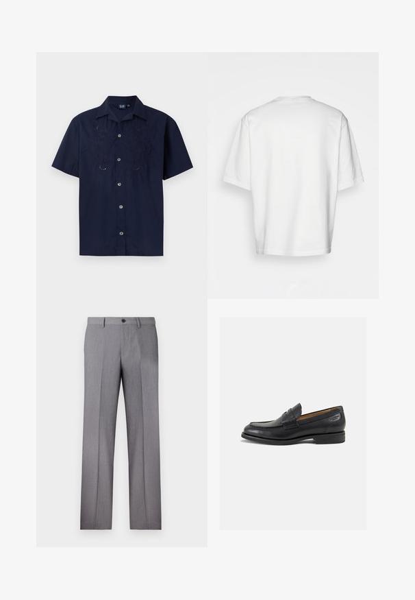 Granatowa koszula z krótkim rękawem z haftowanymi wzorami kwiatowymi, z guzikiem z przodu i klasycznym kołnierzykiem. Wykonana z lekkiego materiału.; Biała, krótkiego rękawa koszulka, luźny krój, okrągły dekolt, gładki bawełniany materiał, nieozdobione plecy, prosta linia dołu, bez wzorów ani akcentów.; Szare dopasowane spodnie z płaskim przodem, dwoma bocznymi kieszeniami i pojedynczym zapięciem na guzik. Gładka faktura z delikatnym wzorem w prążek.; Czarne skórzane mokasyny o gładkim wykończeniu, zaokrąglonym nosku i dekoracyjnym przeszyciu na cholewce. Niski, warstwowy obcas i delikatny połysk.