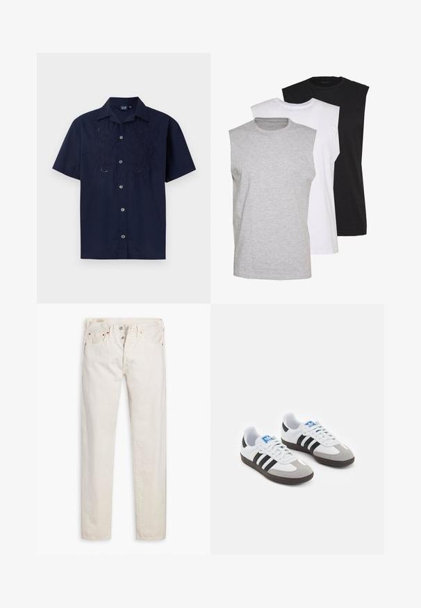 Marineblauwe overhemd met korte mouwen, versierd met geborduurde bloemmotieven, met knoopsluiting aan de voorkant en een klassieke kraag. Gemaakt van lichtgewicht stof.; Drie mouwloze T-shirts in grijs, wit en zwart. Zacht katoenmateriaal met een ronde hals en een relaxte pasvorm. Eenvoudig ontwerp, geen patronen.; Oudwitte high-rise slim-fit jeans met knoopsluiting, vijf zakken en koperen klinknagels, plat gelegd op een witte achtergrond.; Sportschoenen met een witte leren bovenkant, grijze suède neus en drie zwarte strepen. Bevat een blauw logo op de tong en een gestructureerde rubberen zool.