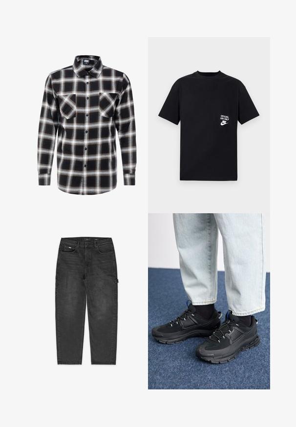 Hosszú ujjú kockás ing fekete, fehér és barna színekben. Gombos nyakkal és két zsebbel rendelkezik a mellkasán, gombos záródással.; Fekete pamut póló rövid ujjú, kerek nyakkivágással, amelyen fehér felirat olvasható: "HIVATALOS HASZNÁLATRA" és Nike logó a bal mellen.; Fekete farmer cargo nadrág, relaxált szabással, látható varrással, elülső és oldalsó zsebekkel, valamint combon található hurokkal a praktikus használathoz.; Fekete sportcipők texturált anyaggal és gumitalppal, elasztikus fűzőkkel és kék kiegészítővel a saroknál. Világos farmernadrággal viselve.