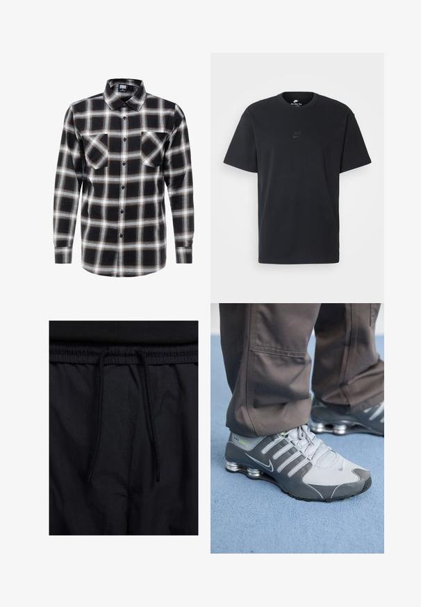 Piklike musta, valge ja pruuni ruudulise mustriga pikkade varrukatega särk. Omab nööpidega kaelust ja kahte rinnahoidjat, millel on nööpidega sulgemine.; Nike musta mustast puuvillast T-särk klassikalise ümmarguse kaelusega, lühikeste varrukatega ja õrna, reljeefse logoga rinnal. Sile tekstuur.; Mustad lühikesed püksid, millel on paelaga vöökoht, kerge kangas, mis on sileda tekstuuriga ning lihtne disain ilma nähtavate logode või mustriteta.; Hallid ja hõbe Nike Shox tennisetossud on varustatud elegantse disainiga, neil on võrkkangas ja sünteetilised materjalid, ümar varvas ja pehmendatud kaelus.
