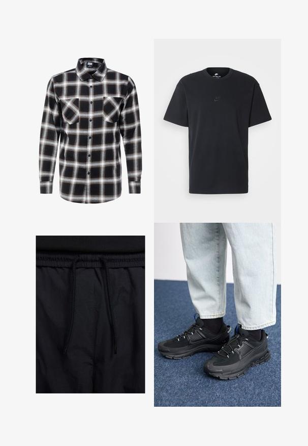 Piklike musta, valge ja pruuni ruudulise mustriga pikkade varrukatega särk. Omab nööpidega kaelust ja kahte rinnahoidjat, millel on nööpidega sulgemine.; Nike musta mustast puuvillast T-särk klassikalise ümmarguse kaelusega, lühikeste varrukatega ja õrna, reljeefse logoga rinnal. Sile tekstuur.; Mustad lühikesed püksid, millel on paelaga vöökoht, kerge kangas, mis on sileda tekstuuriga ning lihtne disain ilma nähtavate logode või mustriteta.; Mustad mustad jooksukingad, millel on tekstureeritud kangas ja kummist tallad, elastsed nöörid ning sinine aksent kandadel. Kandmine heledate teksadega.