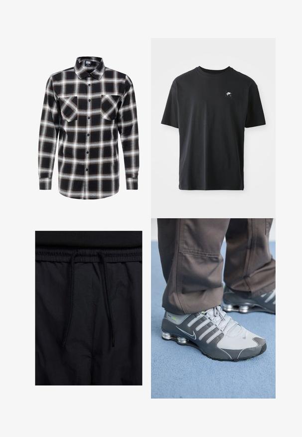 Pitkähihainen ruutupaita mustassa, valkoisessa ja ruskeassa. Varustettu nappikauluksella ja kahdella rintataskulla, joissa on napilliset sulkut.; Musta puuvillapaita lyhyillä hihoilla, ympyräkaula-aukolla, jossa on pieni suorakulmainen logo, jossa lukee "NIKE AIR" valkoisella vasemmassa rinnassa.; Mustat shortsit, joissa on naru vyötäröllä, kevyestä kankaasta valmistettu, sileä tekstuuri ja yksinkertainen muotoilu ilman näkyviä logoja tai kuvioita.; Harmaat ja hopeiset Nike Shox -tennarit ovat tyylikkään muotoilun omaavia, joissa on verkko- ja synteettisiä materiaaleja, pyöreä kärki ja pehmustettu nilkkareunus.