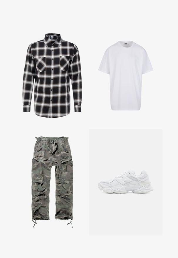 Langarmgeplaidshirt in zwart, wit en bruin. Kenmerkt zich door een knoopsluiting aan de kraag en twee borstzakken met knoopsluiting.; Witte katoenen t-shirt met korte mouwen, ronde hals, relaxte pasvorm en zonder zichtbare logo's of patronen. Gladde textuur en minimalistisch ontwerp.; Camo cargobroek in groen en grijs, met meerdere zakken, een elastische tailleband, verstelbare enkels en een relaxte pasvorm.; Witte sportieve schoenen met een bovenwerk van mesh en leer, een ronde neus, gelaagd ontwerp en een gevoerde zool voor comfort.