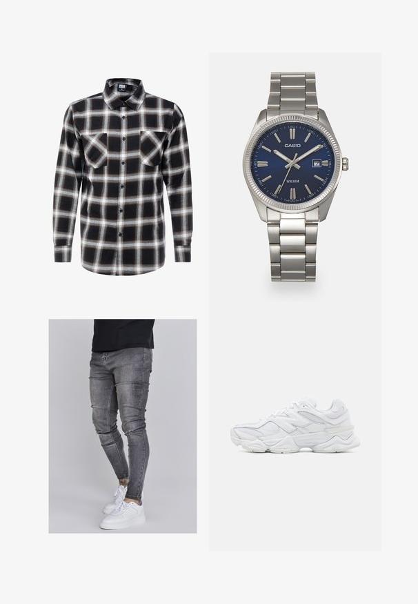 Ilgi piedurkņu ruļļu krekls melnā, baltā un brūnā krāsā. Iespējo pogājamu apkakli un divas krūšu kabatas ar pogu aizvēršanu.; Tievās džinsās bālganā pelēkā denimā, kas izceļas ar nolietotām detaļām pie ceļgaliem, apvienotas ar baltām kedām. Gluda tekstūra, šaurs piegriezums.; Baltas sporta apavi ar sieta un ādas augšdaļu, noapaļotu purngali, slāņotu dizainu un mīkstinātu zoli ērtības nodrošināšanai.; Sudraba nerūsējošā tērauda rokas pulkstenis ar tumši zilu ciparnīcu, metalizētiem stundu rādītājiem un datuma logu pie pulksten 3. Ūdensizturīgs līdz 50 metriem.