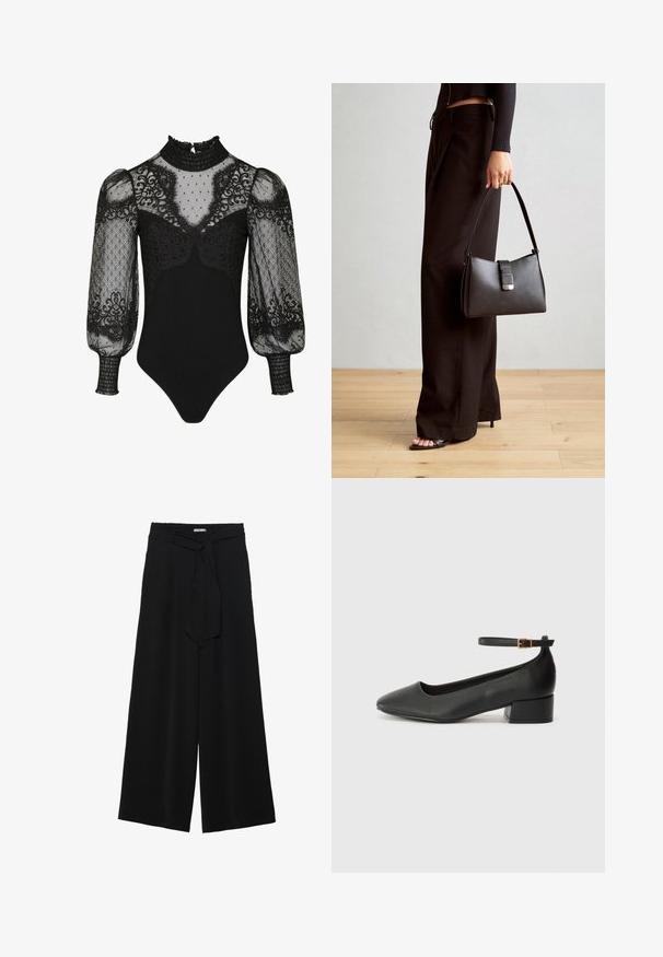 Must mustdress, millelisega kõrge volangkaelus, läbipaistvad puhvärvlid pitsikentitiesega ja figuuri järgiistuv allosa. Kaunistatud täpiliste ja lillemustriga.; Mustad laiad püksid, millel on tekstureeritud kangas, elastne vöökoht ja eemaldatav pael vööst, et reguleerida sobivust.; Must mustaapp, millel on terav nina ja madal blokk-kand. Omab pahkluu rihma koos kuldse tooni pandlaga. Sile tekstuur.; Must musta kott, millel on struktureeritud kuju, sile tekstuur ja metallist klamber. Kombineeritud laiate mustade pükstega ja avatud varvaste sandaalidega puidust põrandal.