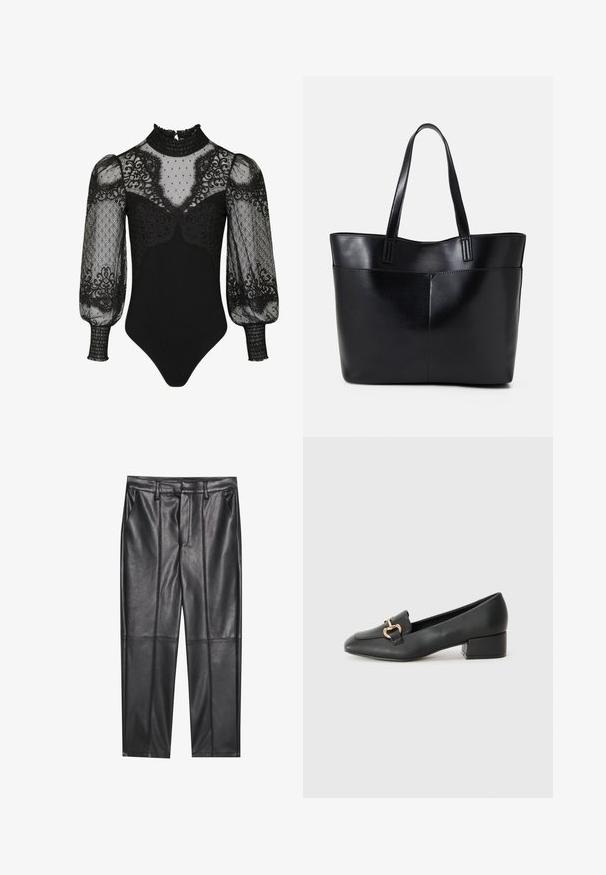 Črn bodi z visokim nabranim ovratnikom, prosojnimi nabranimi rokavi z čipkastimi poudarki in oprijetim dnom. Podrobno okrašen s pikčastim in cvetličnim vzorcem.; Črne usnjene hlače z gladko teksturo, z ravnim krojem, dvema sprednjima žeparjema in vidnimi šivi.; Črne usnjene loafersice s ravnim petkom, ki imajo dekorativen zlat detajl spredaj in gladko teksturo.; Črna usnjena torba z dvema dolgima ročajema, gladko teksturo in strukturirano obliko. Ima sprednji žep za dodatno shranjevanje.