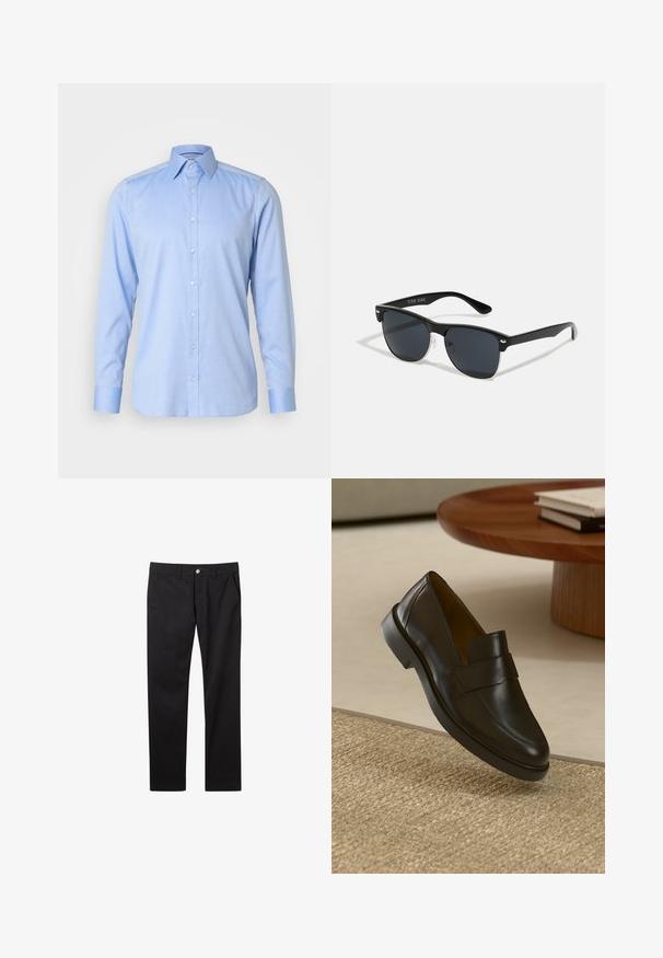 Hellblaues Hemd mit Knöpfen aus glattem Stoff, mit klassischem Kragen, langen Ärmeln und fünf vorderen Knöpfen sowie passenden Manschetten.; Schwarze Baumwollhosen mit geradem Schnitt, vorderen Taschen, einem einzigen Knopfverschluss und einer glatten Textur.; Schwarzer Lederloafer mit glatter Oberfläche, abgerundetem Zeh und dekorativem Riemen über dem oberen Teil. Niedriger Gummihacken, platziert auf einer strukturierten Oberfläche.; Schwarze Sonnenbrille mit rechteckiger Form, dunklen Gläsern, silbernen Akzenten an den Bügeln und mattierter Oberfläche des Rahmens.