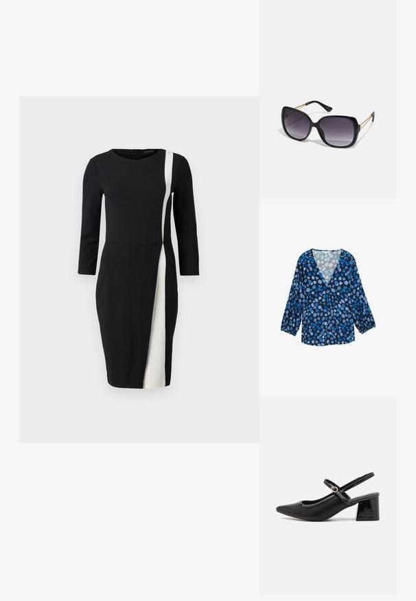 Blå og sort bluse med v-hals, lange puffede ærmer og et prikket mønster i varierende nuancer af blå. Letvægtsstof med en blød tekstur.; Sort kjole med trekvartærmer, der har en hvid diagonalt stribe. Fremstillet af glat stof, tætsiddende talje og knælangt design.; Sorte patentlæder slingback hæle med spids tå, rund udskæring og blokhæl. Har en guldtonet spændeaccents.; Sorte oversized solbriller med gradientlinser, tykke stel og guldfarvet kæde detaljer på tempelarmene.; Sort tote bag lavet af syntetisk materiale, med et enkelt rektangulært design, gyldne firkantede detaljer og dobbelt håndtag.