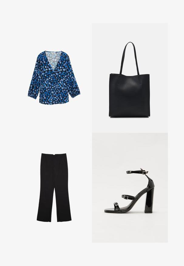 Blusa blu e nera con scollo a V, maniche lunghe a sbuffo e motivo a pois in diverse tonalità di blu. Tessuto leggero con una consistenza morbida.; Pantaloni neri a gamba dritta, con tasche frontali e spacchi laterali all'orlo. Realizzati in tessuto morbido e liscio. Adatti a diverse occasioni.; Sandali con tacco in vernice nera, con punta squadrata, cinturini alla caviglia e fibbie in argento. Presentano un tacco a blocco spesso per maggiore stabilità.; Borsa tote in pelle nera con texture liscia, forma rettangolare e due manici lunghi. Nessun hardware o decorazione visibile.