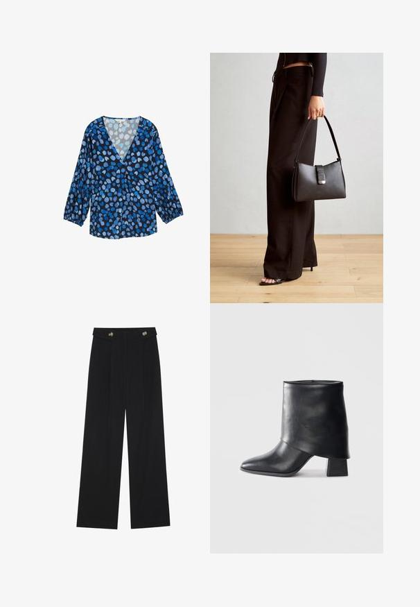 Bluză albastră și neagră cu decolteu în V, mâneci lungi și puff, și un model cu puncte în nuanțe variate de albastru. Material ușor, cu o textură moale.; Pantaloni negri cu picioare largi, talie înaltă, detalii cu butoane pe talie și pliseuri în față.; Botine din piele neagră cu vârf ascuțit, textură netedă și toc bloc structurat. Prezintă un design cu manșetă înaltă și pliată.; Genți negre cu o formă structurată, textură netedă și un închizător metalic. Asortată cu pantaloni negri largi și sandale cu vârf deschis pe un podea din lemn.